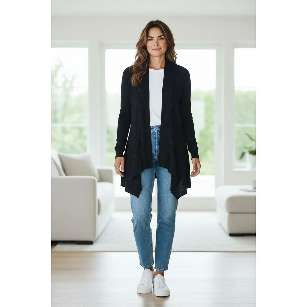 White House Black Market Streetwear Black Draped Open Front Cardigan Size S - Picture 1 of 4